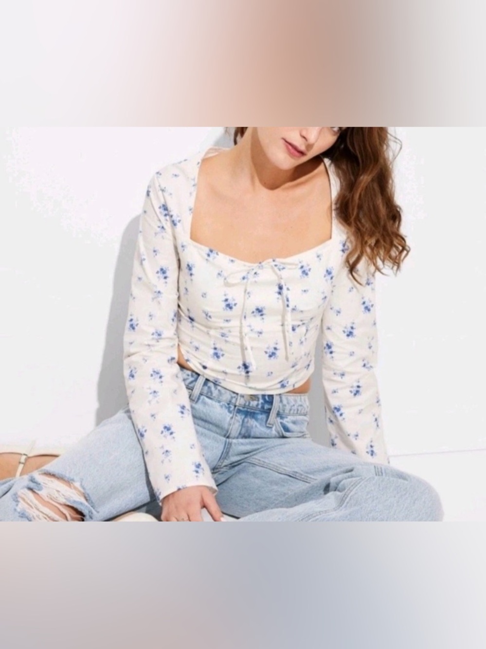 Wild Fable Floral Long Sleeve Square Neck Milkmaid‎ Blouse Cropped Cottagecore M